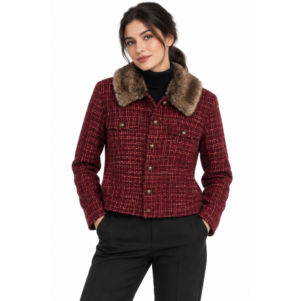 Laura Ashley Faux Fur Collar Tweed Jacket Large Red Cottagecore Dark Academia